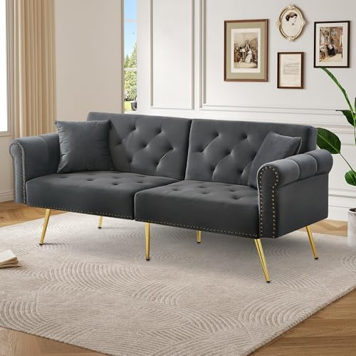 Rosebibi Modernes 2-Sitzer-Schlafsofa – Samtbezug, Rückenlehne mit 3-stufiger Verstellung & vergoldete Metallfüße Stilvolles Sofa mit Schlaffunktion – platzsparend, belastbar (Antikgrau)