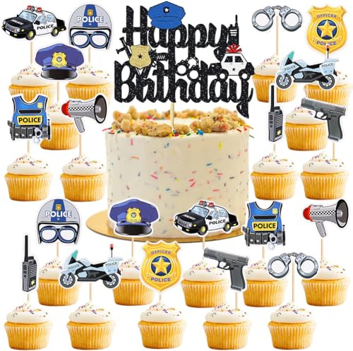 21PCS Polizei Kuchen Toppers, Geburtstagsparty Deko Polizei Polizeiauto Kuchendekoration Für Personen ab 14 Jahren