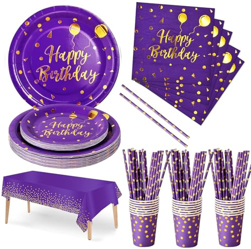 Nkaiso Compleanno Stoviglie per feste Oro Viola 121 Pezzi Carta Set Include Piatti usa e getta, Tovaglioli Bicchieri Forniture per la Decorazione di feste -24 Ospiti