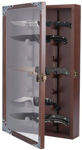 UNICRAFTALE Messer Vitrine Displayständer für Taschenmesser Messersammlung | Verriegelbare Acrylglastür,Holz Gehäuse,Kokosnussbraun,Wandmontage und Tischaufstellung,26,3x43,3x6,5cm,für bis zu 7 Messer