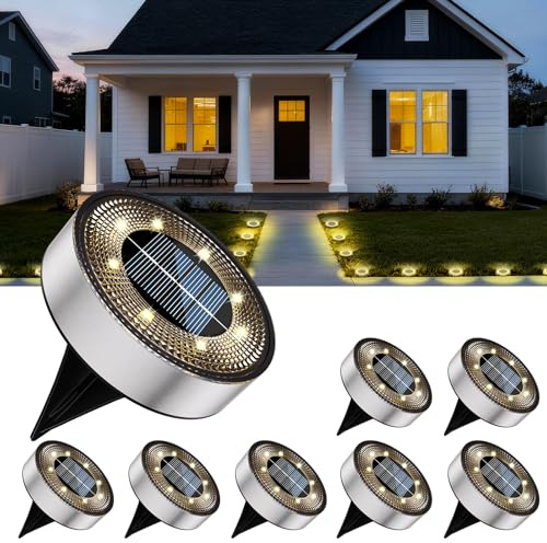 8 Stück Solar Bodenleuchten Aussen,IP68 Wasserdichte Solarlampen mit 8 LEDs | für Solarleuchten im Außen- und Gartenbereich, für Rasen, Auffahrt, Gehweg, Terrasse & Patio, Warmweiß (Edelstahl)