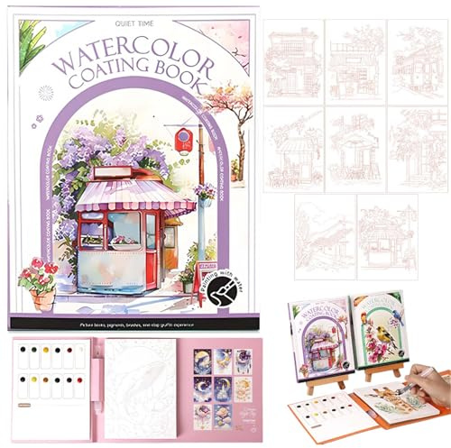 Hedremy Malbuch mit Wasserfarben, Aquarellpapier Postkarten, Wassermalbuch, 12 Farben & Tragbarem Design Malbuch für Zuhause Schule Reisen & Anfänger Aquarellmalerei, Geschenke für Mädchen