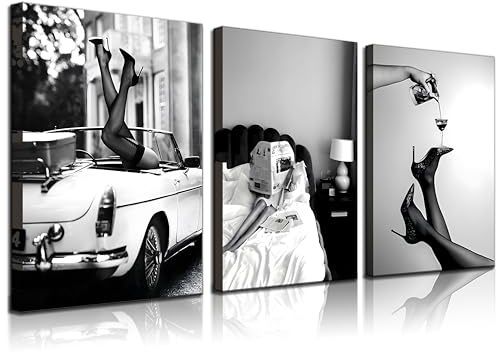 3 Stück Stilvolle Frauen lesen Zeitung vor dem Schlafengehen, Wandkunst High Heels, Vintage-Auto-Poster, feministische schwarz-weiße Vintage-Leinwanddrucke, Bilder, Zuhause, Wohnzimmer, Wand