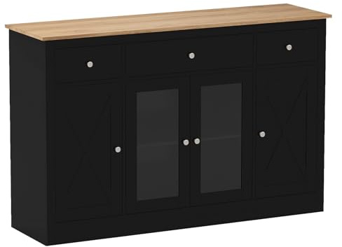 GIANTEX Buffet Salle a Manger avec Tiroirs, Buffet Cuisine avec Plateau Large, 2 Portes Transparente, Étagères Réglables, Meuble de Rangement pour Salle à Manger, Salon, 140 x 40 x 90 cm, Noir