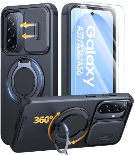 AOUIA for Samsung A37/A36/A56 5G Case with 2 Pack Screen Protector, Military Protection Shockproof Samsung Galaxy A37/A36/A56 5G Phone Case with Slide Camera Cover & 360° Rotating Kickstand, Black