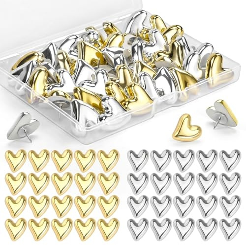 50 Stück Herzförmige Reißzwecken, Gold Und Silber Pinnadeln Für Haus Schule Büro, Herz Push Pins Für Poster, Fotos, Postkarten