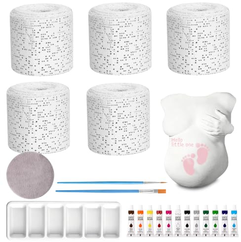 Kit Moulage Ventre Femme Enceinte, SGZIOO Belly Casting Kit avec 5 Bandages, 12 Peintures Acryliques, Papier de Verre, Plâtre Empreinte Grossesse Bébé, Souvenirs de Grossesse