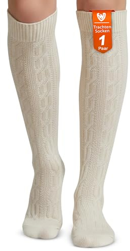 German Wear Extra Lange Trachtenstrümpfe Herren Damen Trachtensocken Zopfmuster aus Baumwolle Overknee passend zu kurzer Lederhose 70 cm