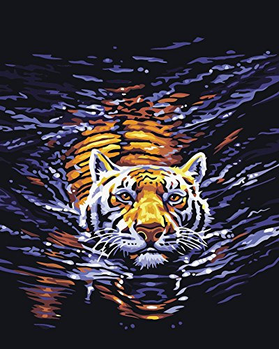 YEESAM ART DIY Malen nach Zahlen für Erwachsene Anfänger Tiger Schwimmen im Wasser 40,6 x 50,8 cm Leinen Leinwand Acryl Stress weniger Zahlen Gemälde Geschenke (ohne Rahmen)