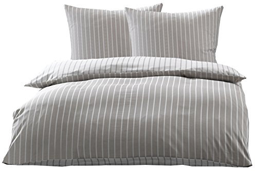 Bettwaesche-mit-Stil Mako Satin Damast Streifen Wendebettwäsche (Kiesel - braun, 240cm x 220cm + 2X 80cm x 80cm)