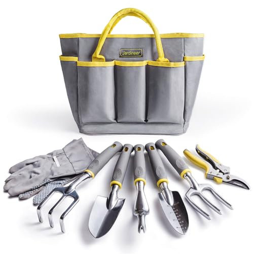 JARDINEER Stainless Steel Garden Tools Set, Including 5 Basic Garden Hand Fork and Trowel Set, Garden Glove and Pruner, Tote Bag, Gardening Gifts for Women Men Mum