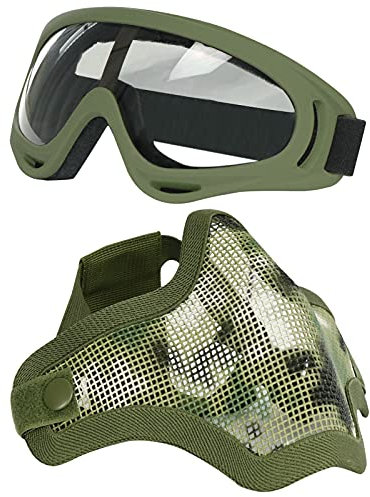 Aoutacc Airsoft Ensemble Masque et Lunettes, Demi-Masque en Acier Plein Masque et Lunettes pour CS/Chasse/Paintball/Tir (Masque de crâne Noir) (AOR2)