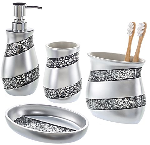 Creative Scents Mosaic Glass Bathroom Set – 4Pc Accessories Gift Set Includes Dispenser, Bin, Toothbrush Holder, Tumbler & Soap Dish – Stunning Silver Finish