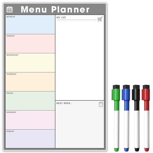 TMS Magnetischer A3-Wochenplaner und Organizer - Vollständig anpassbares Whiteboard-Menü zur Vorbereitung Ihrer Einkaufsliste und Essensplanung mit 4 magnetischen Trockenlöschstiften (Farbe/Grau, A4)