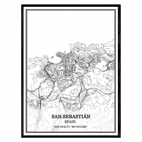 San Sebastián Spanien karta väggkonst canvastryck affisch konstverk utan ram modern svartvit karta souvenir gåva heminredning 45 x 61 cm