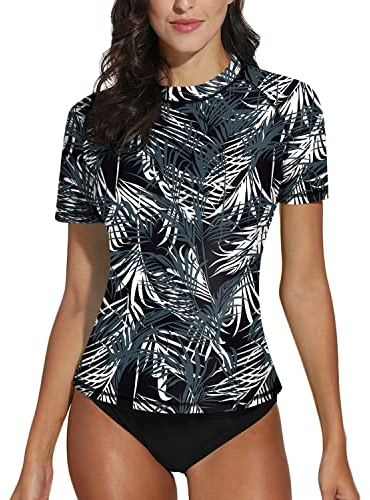 Damen Kurzarm Badeanzug Surfen Mit Blätter Muster Uv Shirts Sonnenschutz UPF 50+ A1 XL