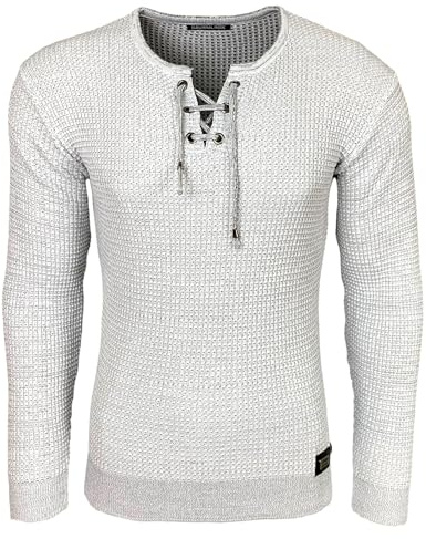 Subliminal Mode - Pull Over Homme Col Arrondi avec Cordon de Serrage Chic et Tendance Tricot Hiver en Maille Chiner Idée Cadeau Noel BX52132 Blanc L