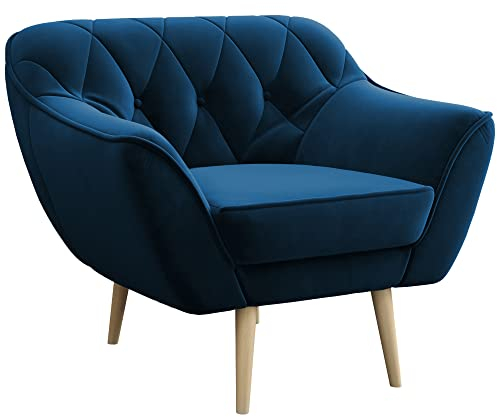 MKS MEBLE Gepolsterter Sessel Wohnzimmer, Ohrensessel mit Armlehnen, Fernsehsessel, Relaxsessel Wohnzimmer, Sessel mit Holzbeinen, PIRS - Dunkelblau