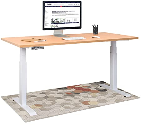 KRIEG HighDesk PRO Höhenverstellbarer Schreibtisch 180 x 80 cm I Weiß + Buche - Elektrischer Sitz- & Stehtisch mit Tischplatte - Stehschreibtisch Elektrisch Höhenverstellbar