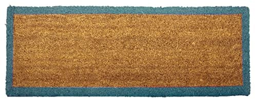 100% Natural Coir Door Mat 125 x 40cm Indoor Outdoor Non-Slip Backing Long Decorative Welcome Doormat for Hallway Foyer Dirt Trapper Large Entrance Runner [Teal Outline]