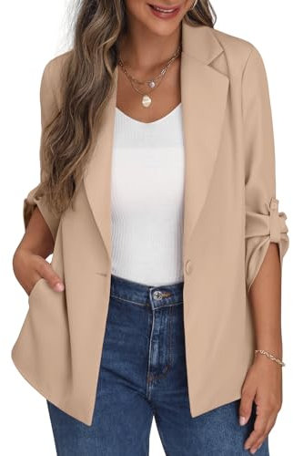 PrinStory Blazer da donna aperto sul davanti, cardigan a maniche regolabili, giacca blazer con tasche con bottoni, Albicocca, 10-12