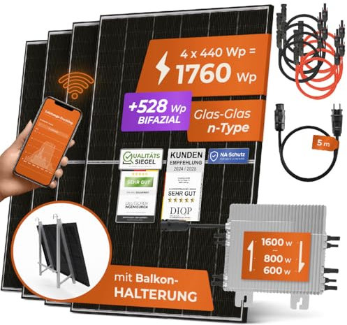 Solarway® 1760Wp / 2000-800W Balkonkraftwerk komplett Steckdose - neuester 2000 Watt Wechselrichter - Solaranlage Komplettset - 440W bifaziale Solarmodule & Envertech & Zubehör