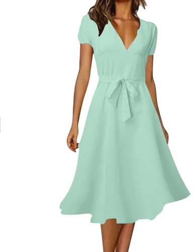 Sommerkleid Midi Loose Kurzarm Rüschenkleid Leicht Swing Strandkleid Damen, Casual Floral Midi Kleid, Sommer Plissee Elegant Kleid für Damen