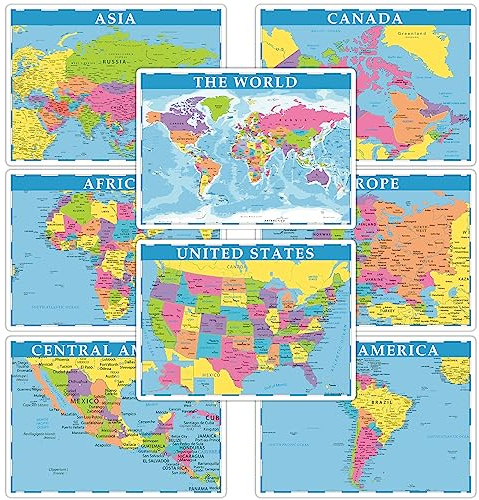 Pädagogische Tischsets für Kinder, 8 Stück, Weltkarten-Platzsets, rutschfest, waschbar, ESS-Tischmatte, USA, Europa, Asien, Afrika, Südamerika, Mittelamerika, Kanada, Karten für Grundschule Esstisch