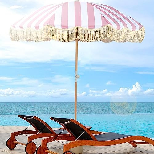 Rosa-weiß gestreifter Sonnenschirm, 2 m, Retro-Luxus-Strandschirm, mit Fransen, Gartenschirm, Strandschirm for den Außenbereich, 8 Fiberglas-Rippen, mehrfach verstellbare Schirmoberfläche for Pool, Ga
