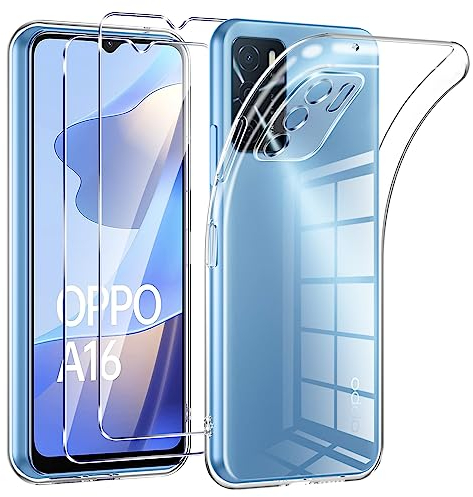 Phoona Funda para OPPO A16/A16S/A54S Carcasa con 2 Piezas Cristal Templado,Transparente Silicona TPU Protección Funda para OPPO A16 Anti-Choques y Anti-Arañazos Caso