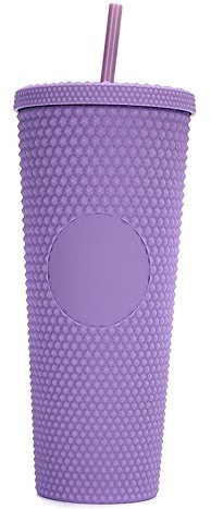 Bicchiere per acqua di grande capacità, 710 ml, completamente borchiato, opaco, riutilizzabile, in plastica, con ampia apertura e coperchio a prova di perdite, cannuccia (viola scuro)