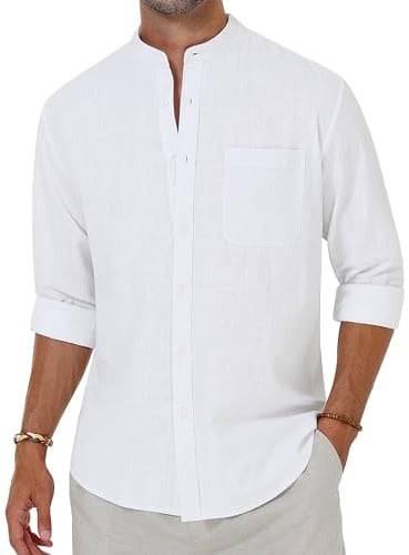 Alimens & Gentle Men's Cotton Linen Shirts Long Sleeve Button Down Shirt Band Collar Beach Shirts