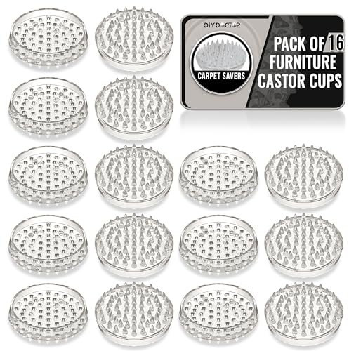 DIY Doctor - Pack of 16 Furniture Castor Cups - Carpet Savers - Carpet Protectors Cups To Remove Indentations and Damage - Furniture Carpet Protectors Cups - 53 spikes each - 50mm Diameter