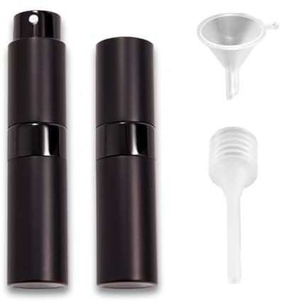 2 UNIDADES 8ml Atomizador de Perfume Recargable con Embudo, Boquilla y Gotero (Negro), Bote Dispensador de Colonia para Viaje, Bolso o Uso Diario. Spray Pulverizador Fino para Mujer y para Hombre.