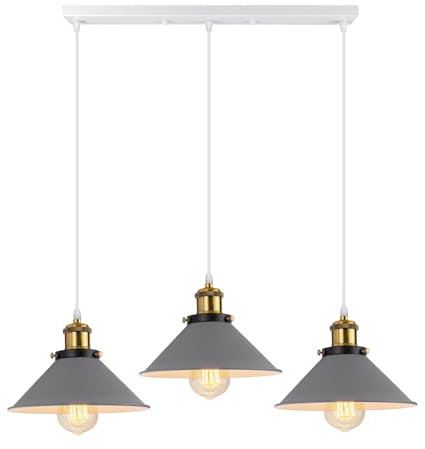 Pendelleuchte 3 Flammige Hängeleuchte Vintage Industrielle Hängelampe E27 Deckenleuchte Retro Design Lampenschirm 220mm Edison Lampe für Küche Esszimmer Schlafzimmer Flur (Grau-eine Stange 50cm)