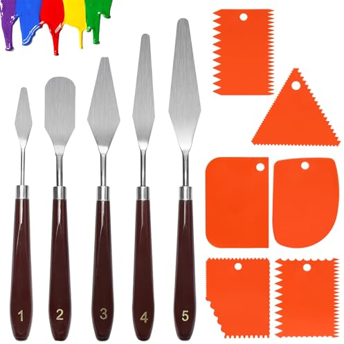 Palette Knife, 11Pcs Painting Knife Set 5 Stainless Steel Painting Knives with 6 Plastic Scraper Steel Painting Knives Oil Painting Mixing Scraper for Bakery Art Craft Painting