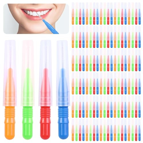 100 Stück Interdentalbürsten, Zahn Zwischenraum Bürste Zahnzwischenraumbürsten Dentalbürsten Wiederverwendbar für Reinigung Zahnreinigung Werkzeug Zwischen den Zähnen (Rot, Blau, Hellgrün, Orange, 5)