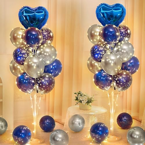 2 Stück Luftballon Ständer Kit, 1.3 m Ballonhalter LED, Ballonständer, Luftballons Halter mit Luftballons Blaues Silber, Wiederverwendbar Luftballonständer für Hochzeit Party Feste Dekoration