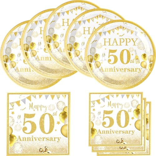 40Pcs 50th Wedding Anniversary Party Supplies, Gold Black Birthday Decorations 50th Theme Birthday Party Tableware Plates Napkins Set for Cheers to 50 Years Wedding Anniversary Party Supplies Favors