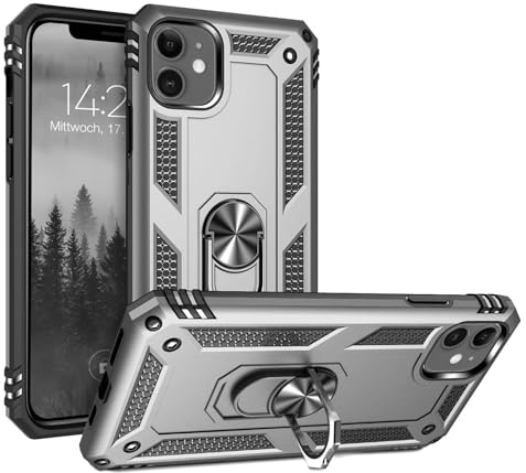 LBH Outdoor Hülle für Apple iPhone 11 Armor Militär Stoßfest Handyhülle 360 Grad Metal Ring Halter Ständer Schutzhülle für Handyhalterung Auto Magnet Silber