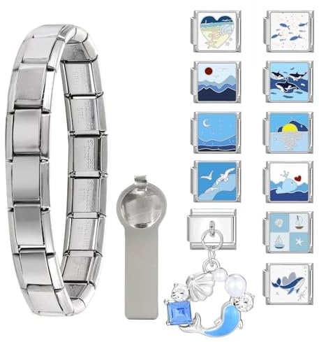 BFACCIA Italian Charms Bracelet 9mm Module Removable Classic Stainless Charm with Opening Tools Jewelry Steel Link Bracelets DIY Kit Gift for Women Girls