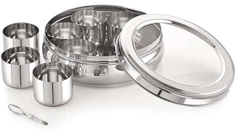 SWACRAFT Stainless Steel High Grade Spice Container 7 Containers and Small Spoon Belly shape See Through Masala Box Indian Masala Dabba with Size 7.5 X 7.5inches