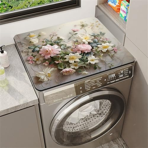 Highdi Tappetino Antiscivolo Lavabile, Stampa Pastorale retrò Copri Lavatrice Coperchio Antipolver per Lavatrice Asciugatrice Tappetino Antiscivolo per Copertura Protezione (Bianco,60x60cm)