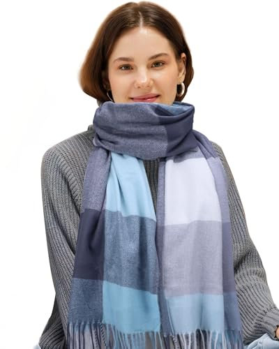EOAMGO Schal Damen Winter, Winterschal Halstuch Damen Kuschelig, Baumwolle Kariert übergroßer Quadratisch Deckenschal (65 * 180 CM) (Blau)