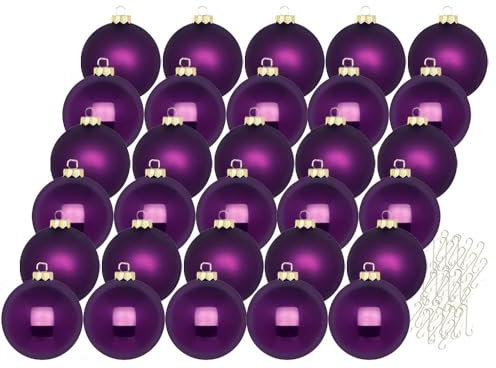 Inge Glas Weihnachtskugeln mit Haken | Schöne Christbaumkugeln aus Glas | Set 30 Kugeln und 40 Aufhänger | Christbaumschmuck Weihnachtsbaumkugeln (Purple Symphony | lila)