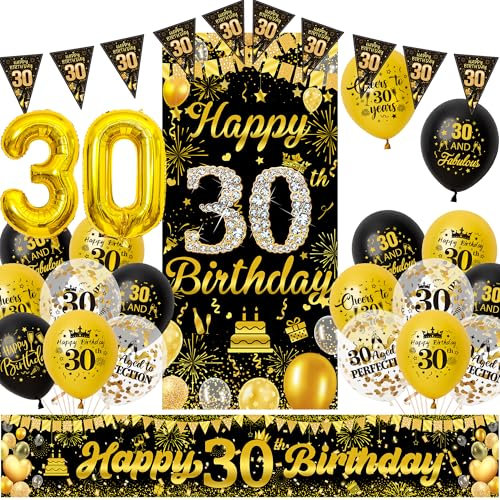 Xietaea Deko 30 Geburtstag Mann Frau - Schwarz Gold 30 Jahr Geburtstagsdeko Banner Luftballons und Wimpel, Stoff Hintergrund XXL Zahlen Ballons für 30 Geburtstagsfeier Dekoration