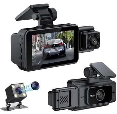 3-Channel Car Dash Cam Wifi 1080p FHD 140° Wide Angle Front + 100° Inside Car + 100° Rear Night Vision WDR Motion Detection Gravity Sensor Loop Recording 3.0 Inch IPS Screen, Include 64G SD Card