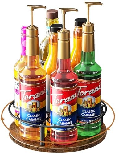 Nuovoware 7 Bottles Rotating Coffee Syrup Rack, Coffee Syrup Rack Organizer Carbon Steel Frame with Wooden Base Bottle Holder for Coffee Flavored Syrups Table Top Thermos Liquor, Black & Brown