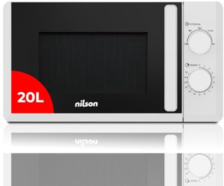 Nilson Microondas 20 Litros Básico Blanco NMW2700. 700W, 5 Programas, Modo Descongelación, Revestimiento Interior, Fácil Limpieza, Temporizador 35min.