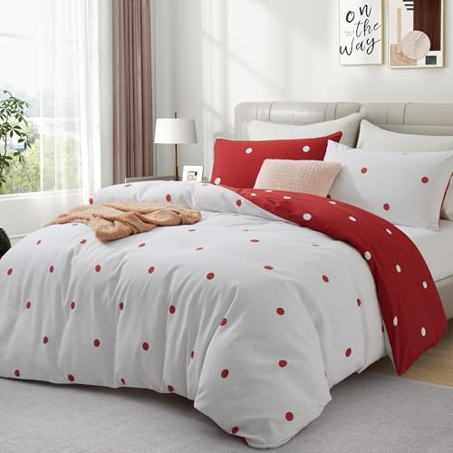 Hafaa King Size Duvet Cover Sets Soft Printed Bedding Set Brushed Microfiber Duvet Covers with Pillowcases (Red and White Dotted 230x220 CM)